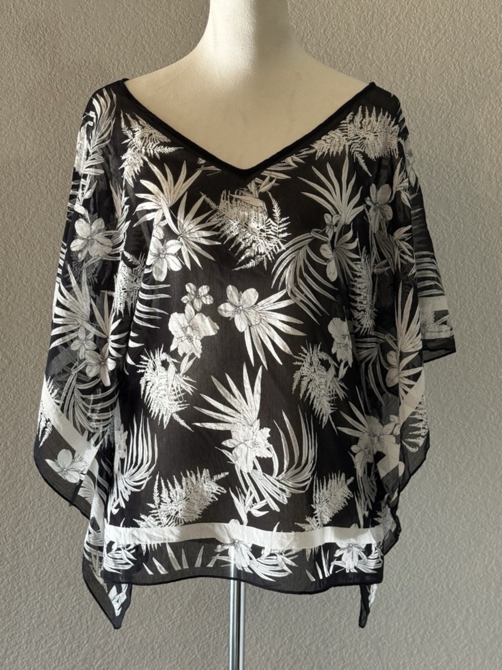 Talbots Womens Medium Black White Botanical Print Sheer Poncho Blouse NWT